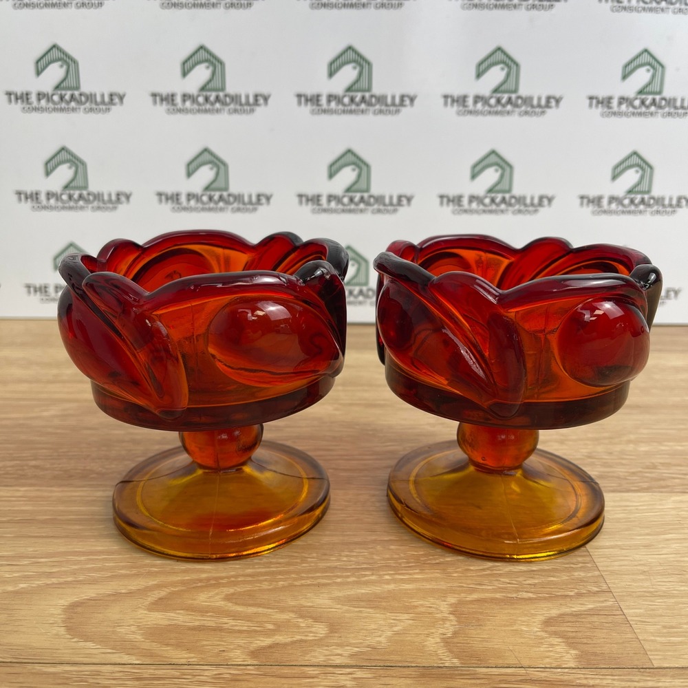 Vintage Pair Indiana Glass Sunet Leaf Amberina Votive Candle Holders 4"